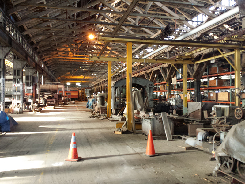 Sacramento Railyards' historic Central Shop interior