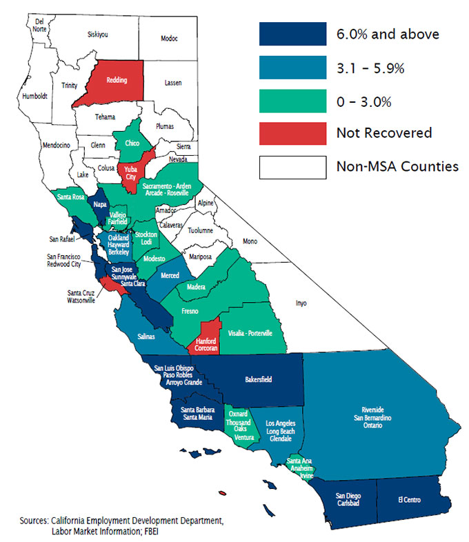 Map of California showing areas which have recovered or not recovered
