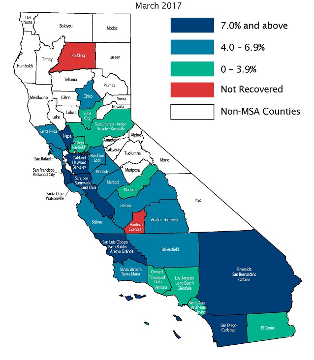 Figure 3 - Map of California showing areas which have recovered or not recovered