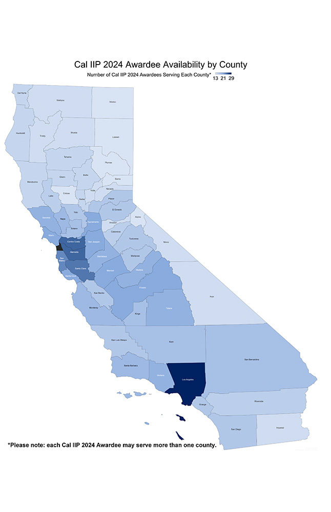Cal IIP 2024 Aardees Availabiity by County heat map of California State
