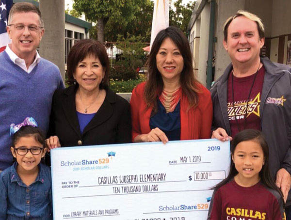 With Chula Vista Mayor Mary Salas to present a check for $10,000 for library books and other learning aids to Castillas Elementary. The Treasurer has visited 20 schools and distributed $305,000.