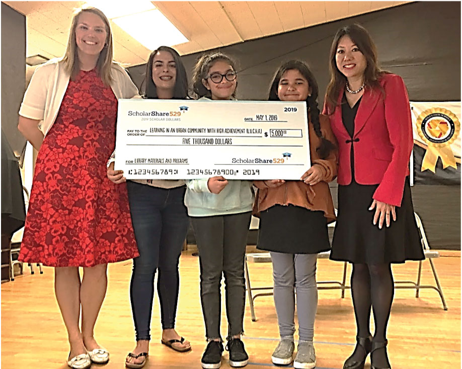 Treasurer Fiona Ma presents a $5,000 Scholar Dollars Award to L.U.C.H.A. Elementary in San Jose, one of 20 schools that recently received a total of $300,000 to fund extracurricular and after school activities that create college-going cultures. The annual competition is open to schools statewide.