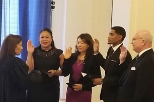 California Supreme Court Chief Justice Tani G. Cantil-Sakauye administers oaths to my Chief of Staff Genevieve Jopanda and Deputy Treasurers Audrey Noda, Jovan Agee, and Tim Schaefer.