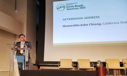 State Treasurer John Chiang speaking to the online news service Environmental Finance’s ‘Green Bonds Americas 2018’ event in New York City'