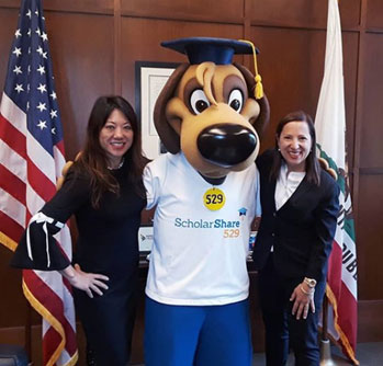 Treasurer Fiona Ma with Scholarshare mascot and Lt. Governor Eleni Kounalakis
