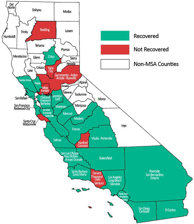 Map of California showing areas which have recovered or not recovered