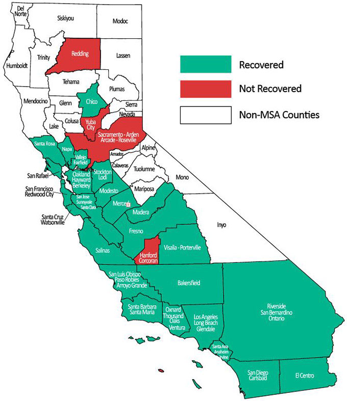 Map of California showing areas which have recovered or not recovered