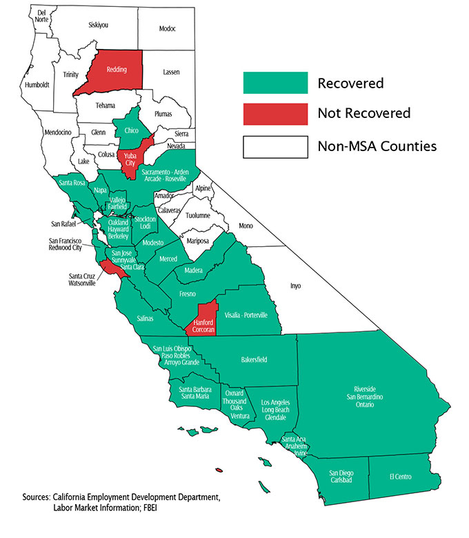 Map of California showing areas which have recovered or not recovered