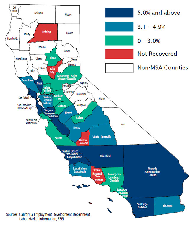 Map of California showing areas which have recovered or not recovered