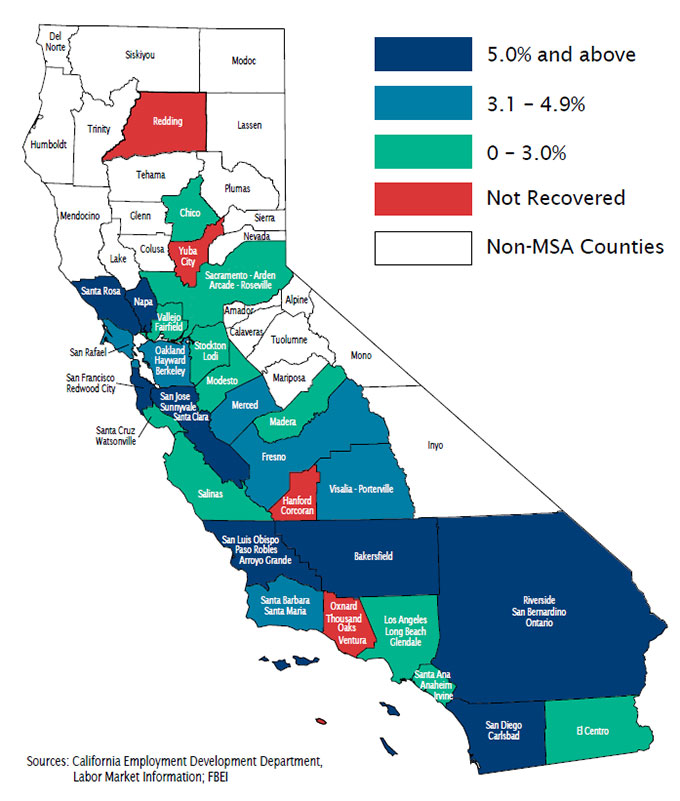 Map of California showing areas which have recovered or not recovered