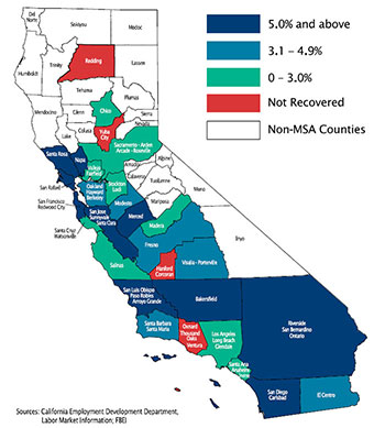 Map of California showing areas which have recovered or not recovered