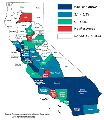 Map of California showing areas which have recovered or not recovered