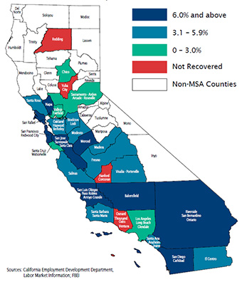 Map of California showing areas which have recovered or not recovered