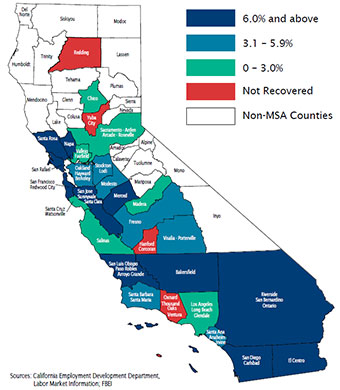 Map of California showing areas which have recovered or not recovered