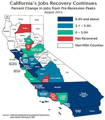 Figure 3 - Map of California showing areas which have recovered or not recovered