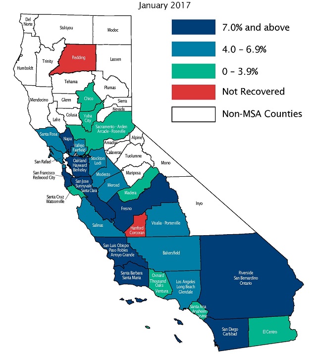 Figure 3 - Map of California showing areas which have recovered or not recovered