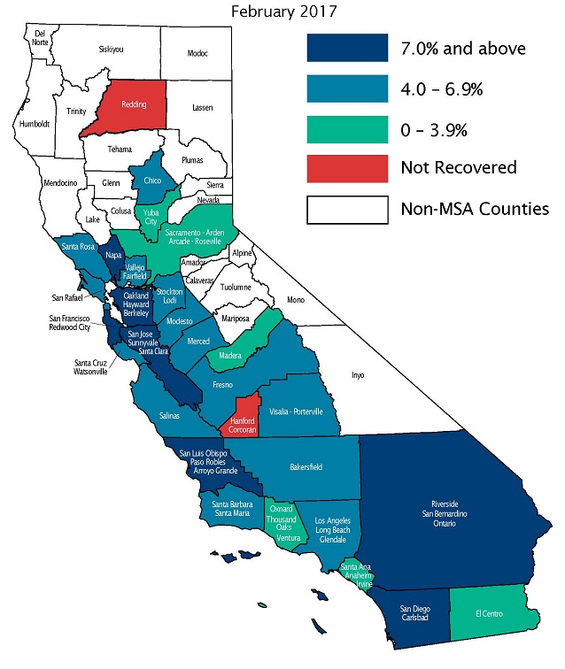 Figure 2 - Map of California showing areas which have recovered or not recovered