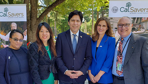 At the July 1 news conference and launch of CalSavers, the state’s new retirement savings program for private-sector workers. With Treasurer Ma are former Senate pro Tempore Kevin de Leon, CalSavers Executive Director Katie Selenski, Communications Director Mark DeSio (right) and Communications Analyst Akilah Jones (left).