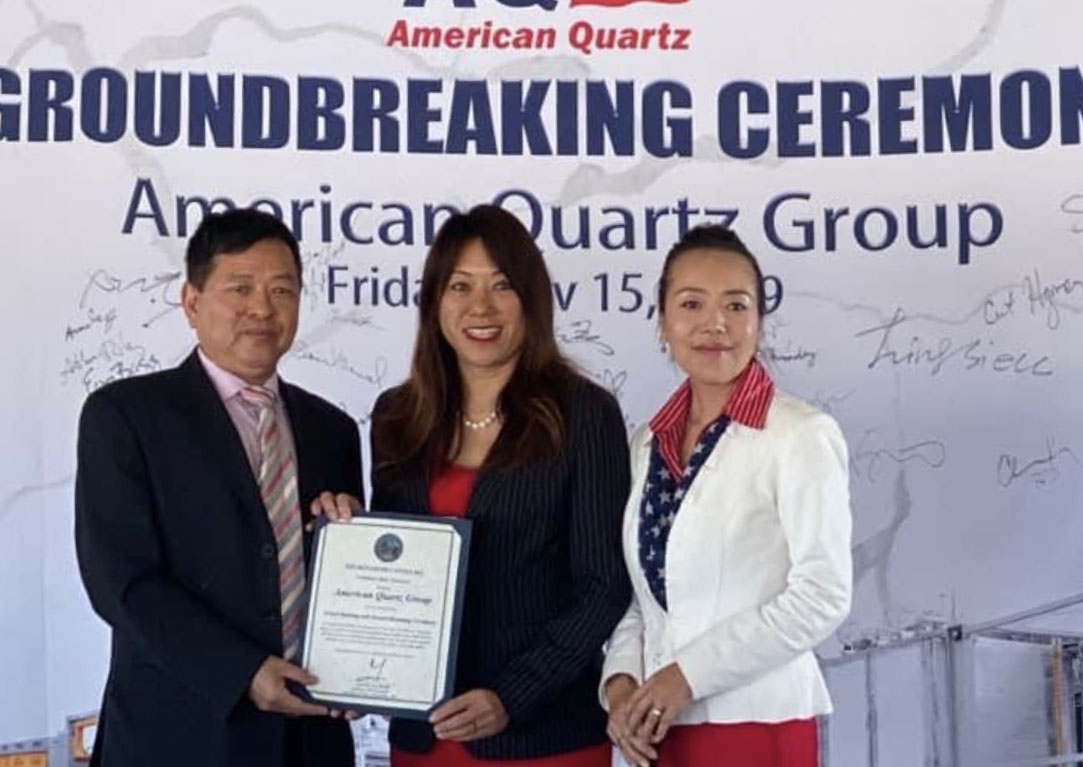 With American Quartz Group, Inc. CEO and President Tommy Hu, marking the opening of his new business in Barstow. American Quartz Group is the first quartz surfaces manufacturer on the West Coast, and only one of a few in the nation.