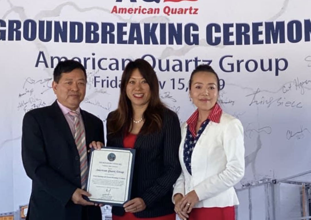 With American Quartz Group, Inc. CEO and President Tommy Hu, marking the opening of his new business in Barstow. American Quartz Group is the first quartz surfaces manufacturer on the West Coast, and only one of a few in the nation. With American Quartz Group, Inc. CEO and President Tommy Hu, marking the opening of his new business in Barstow. American Quartz Group is the first quartz surfaces manufacturer on the West Coast, and only one of a few in the nation.