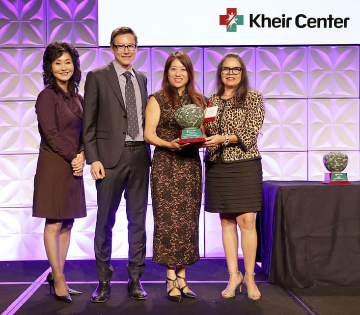 Treasurer Ma receiving the Kheir Clinic 33rd Anniversary Fundraising Dinner Leadership Award. From left to right: Chief Executive Officer Erin Pak, LA Health Care Plan Deputy Chief Medical Officer Dr. Alexander Li, and, to the right of Treasurer Ma, Kheir Board Member Carolina Castillo. The dinner raises funds for the Korean Health Education Information and Research Center. Kheir, based in Koreatown in Los Angeles, operates five service sites and provides 60,000 clinic visits to more than 12,000 patients annually. (Photo: Kheir Center)