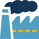 Icon of a light blue factory building with a tall smokestack, emitting a dark blue cloud of smoke above it.
