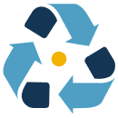 Icon of the recycling symbol (three arrows cycling clockwise) in light and dark blue, with a small yellow circle at the center.