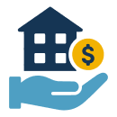 Icon showing a blue hand holding up a dark blue house silhouette and a yellow coin with a dollar sign on it.
