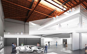 Architectural rendering of a large, industrial exhibition hall with an exposed wooden truss ceiling, featuring a floating white mezzanine and a car chassis displayed on the ground floor.